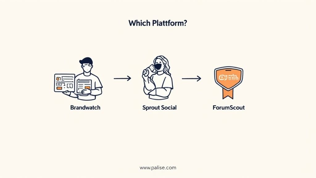 Illustration depicting a workflow from Brandwatch to Sprout Social and then ForumScout platforms.