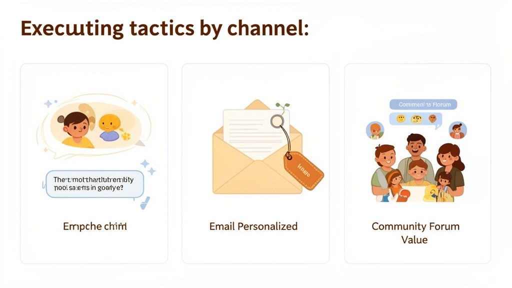 A presentation slide titled 'Executing tactics by channel' showing three customer engagement methods: chat, personalized email, and community forums.