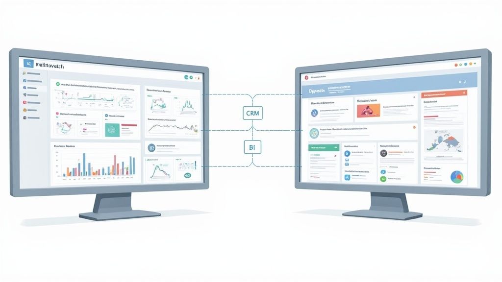 Two computer monitors display dashboards with CRM and BI integration, showing business data.