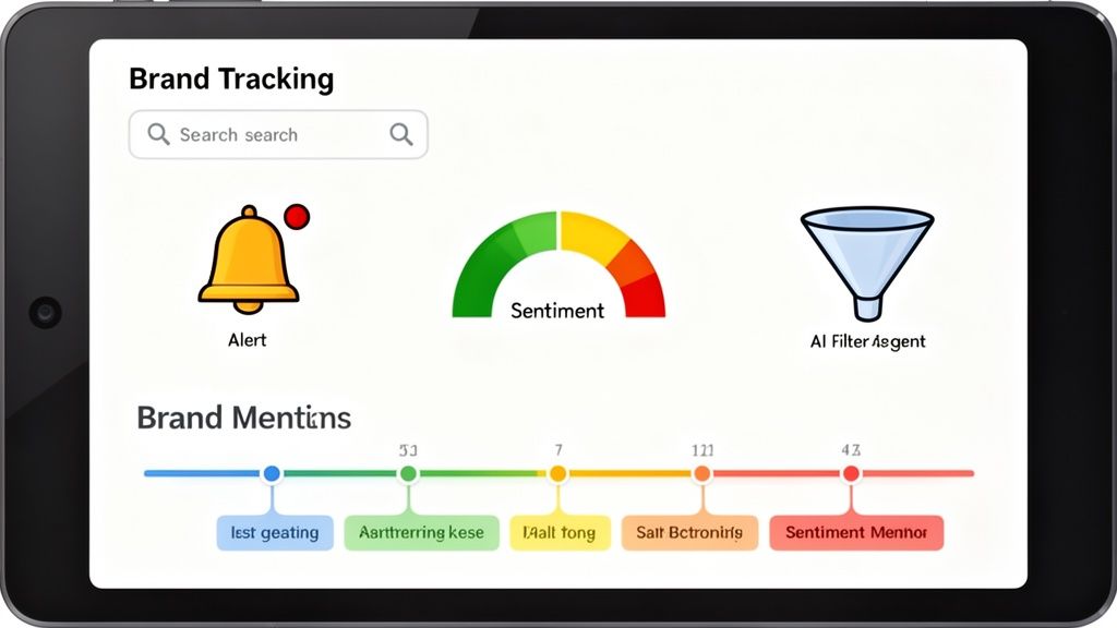 A tablet displays a brand tracking dashboard with sentiment analysis, alerts, AI filter, and brand mentions timeline.