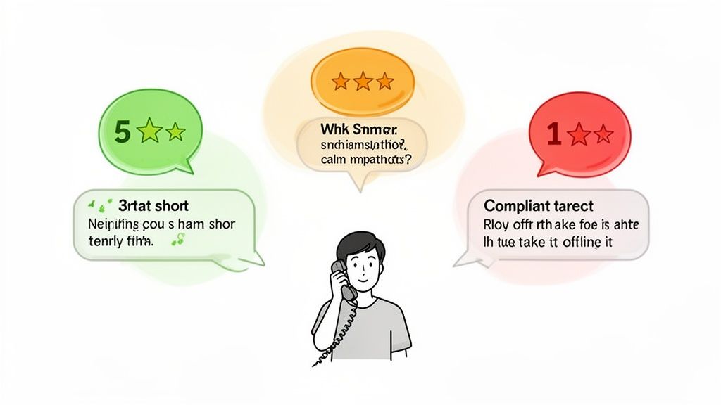 Customer service representative receiving positive, neutral, and negative phone feedback ratings.