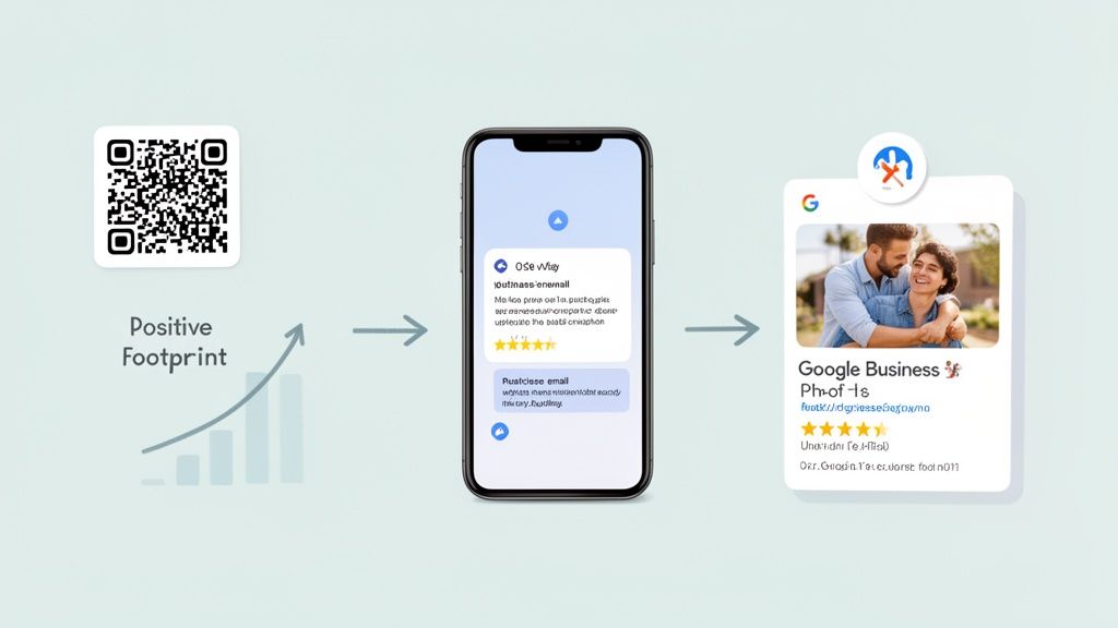 Diagram showing a QR code leading to positive customer reviews on a smartphone and Google Business profile, illustrating reputation management.