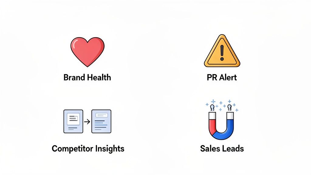 Four distinct icons represent Brand Health, PR Alert, Competitor Insights, and Sales Leads, illustrating business metrics.