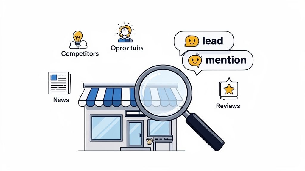 Illustration of a magnifying glass over a store, showing business monitoring of competitors, news, reviews, leads, and mentions.