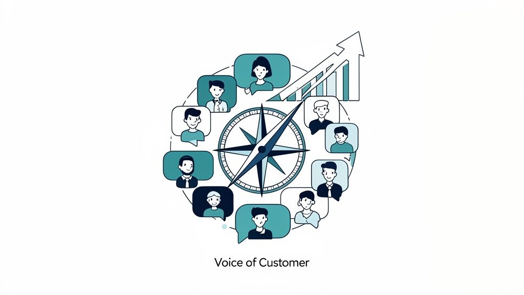 Illustration of a compass surrounded by diverse customer avatars in speech bubbles, symbolizing feedback guiding business growth.