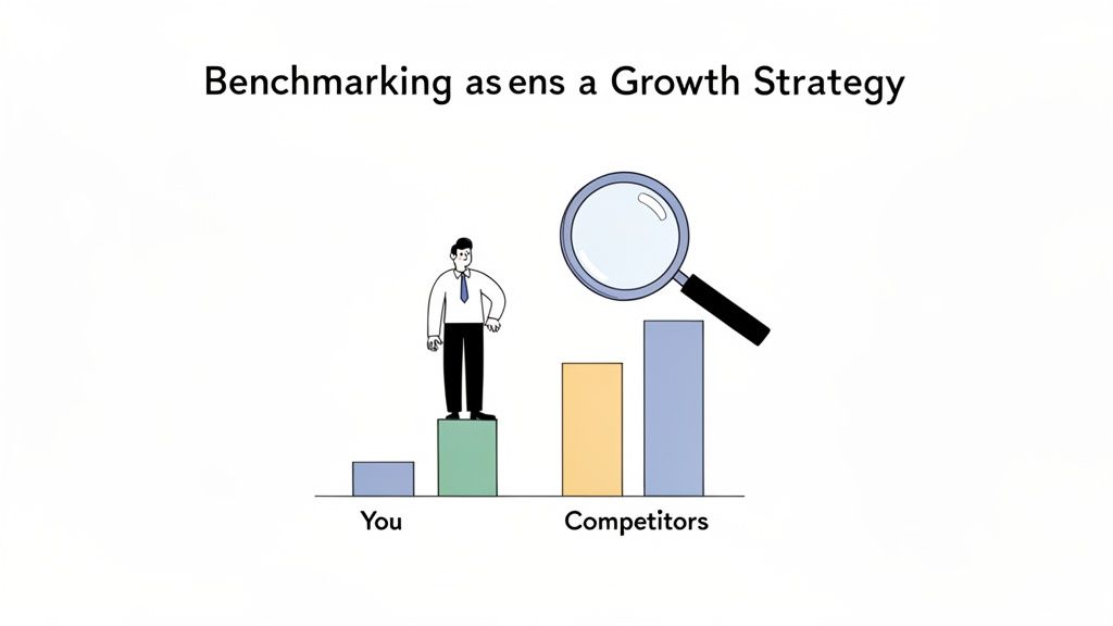Illustration of a businessman benchmarking against competitors using a magnifying glass to devise a growth strategy.
