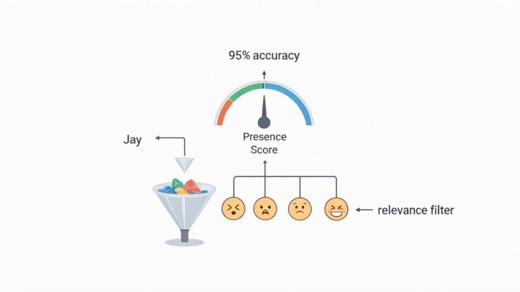 A diagram illustrates data input filtered to calculate a 'Presence Score' with 95% accuracy using a relevance filter.