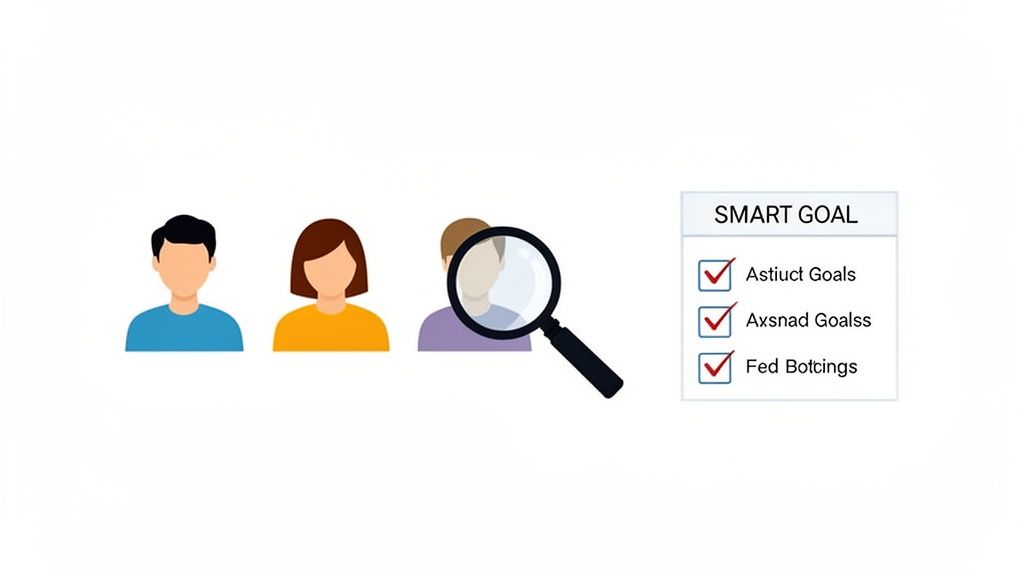 Three generic people icons, one under a magnifying glass, next to a 'SMART GOAL' checklist.