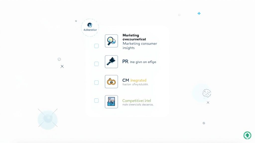 A list of marketing insights, PR, content management, and competitive intelligence items with icons.