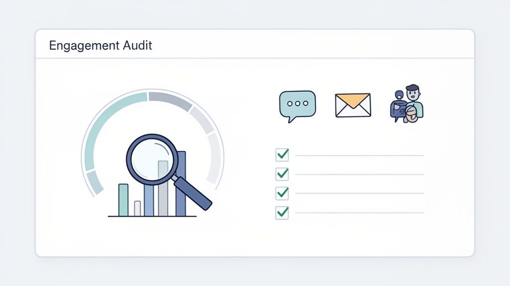 Dashboard showing 'Engagement Audit' with data analysis, communication icons, and a checklist.