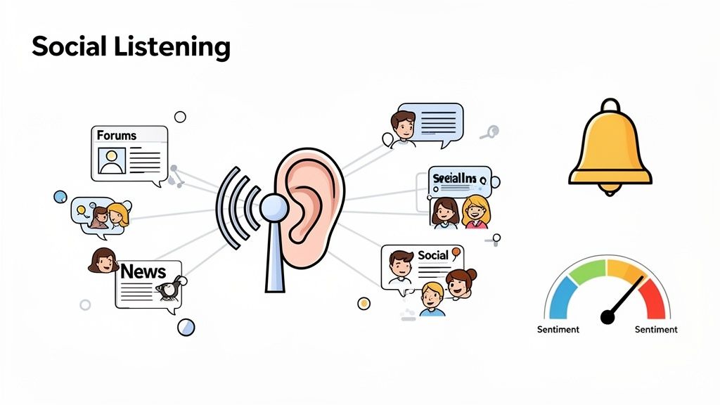 Illustration showing social listening: monitoring online conversations from forums, news, and social media, with sentiment analysis and alerts.