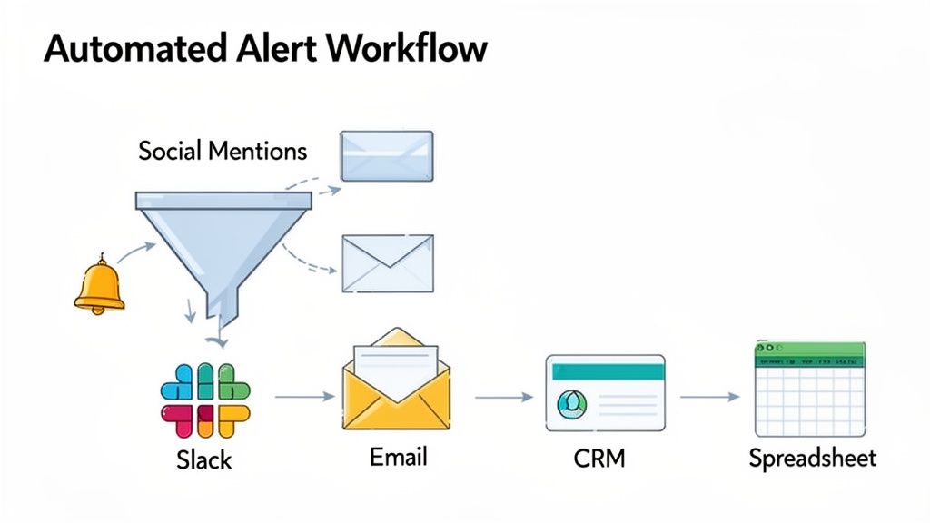 Diagram of an automated alert workflow processing social mentions through a funnel to Slack, Email, CRM, and Spreadsheet.