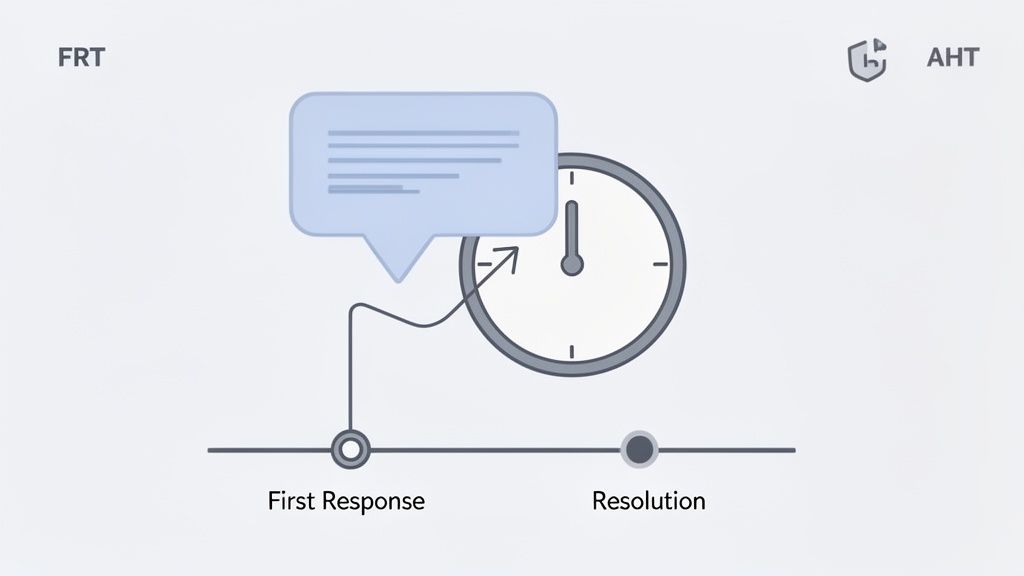 Diagram illustrating First Response Time (FRT) in customer service, showing a message, clock, and timeline.