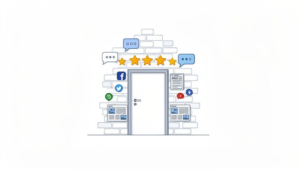 Digital marketing concept showing a house with social media icons, five stars, and news, representing online reputation.