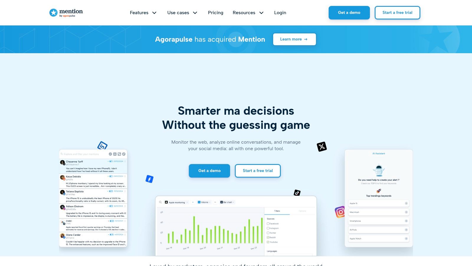 A screenshot of the Mention dashboard, displaying social media mentions and analytics for brand tracking.