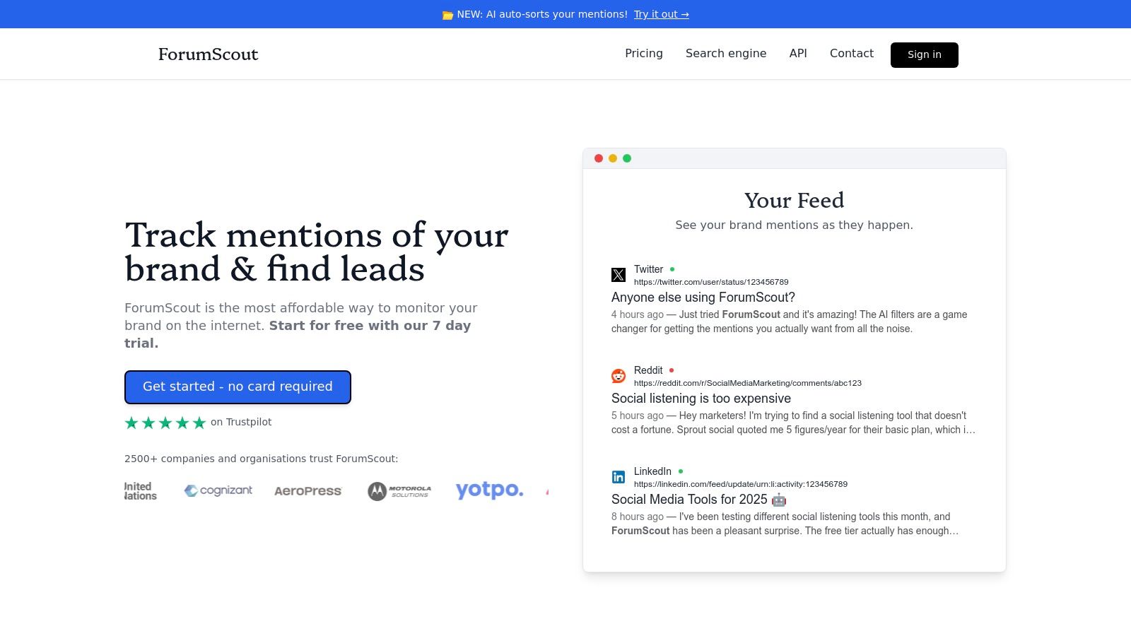 ForumScout dashboard showcasing its brand monitoring capabilities for Talkwalker alternatives.