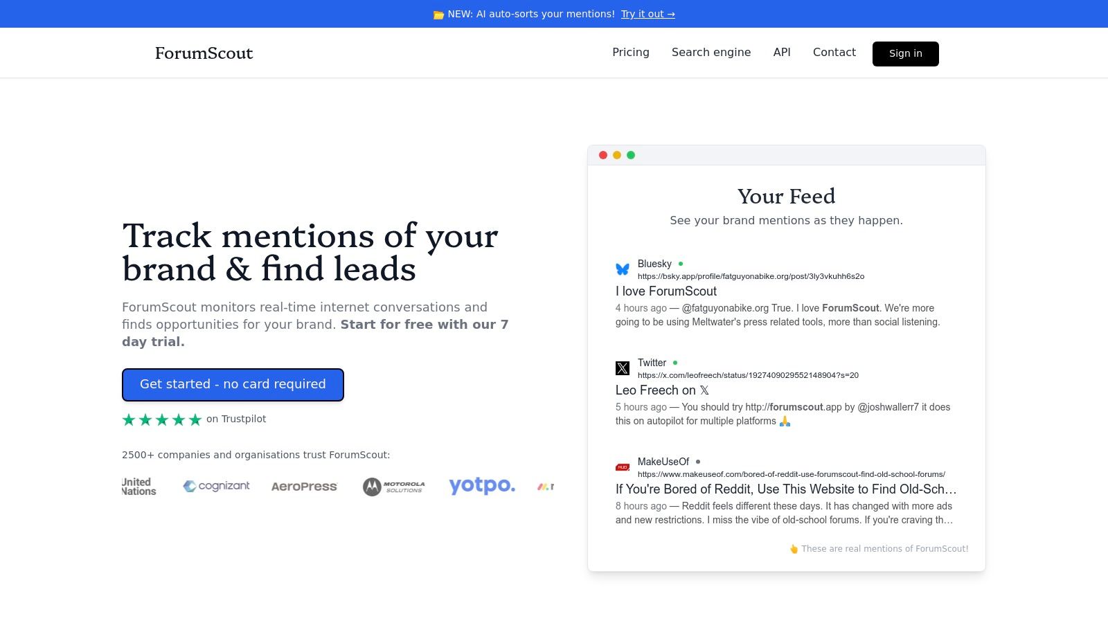 ForumScout dashboard showing brand mention monitoring across different online sources.