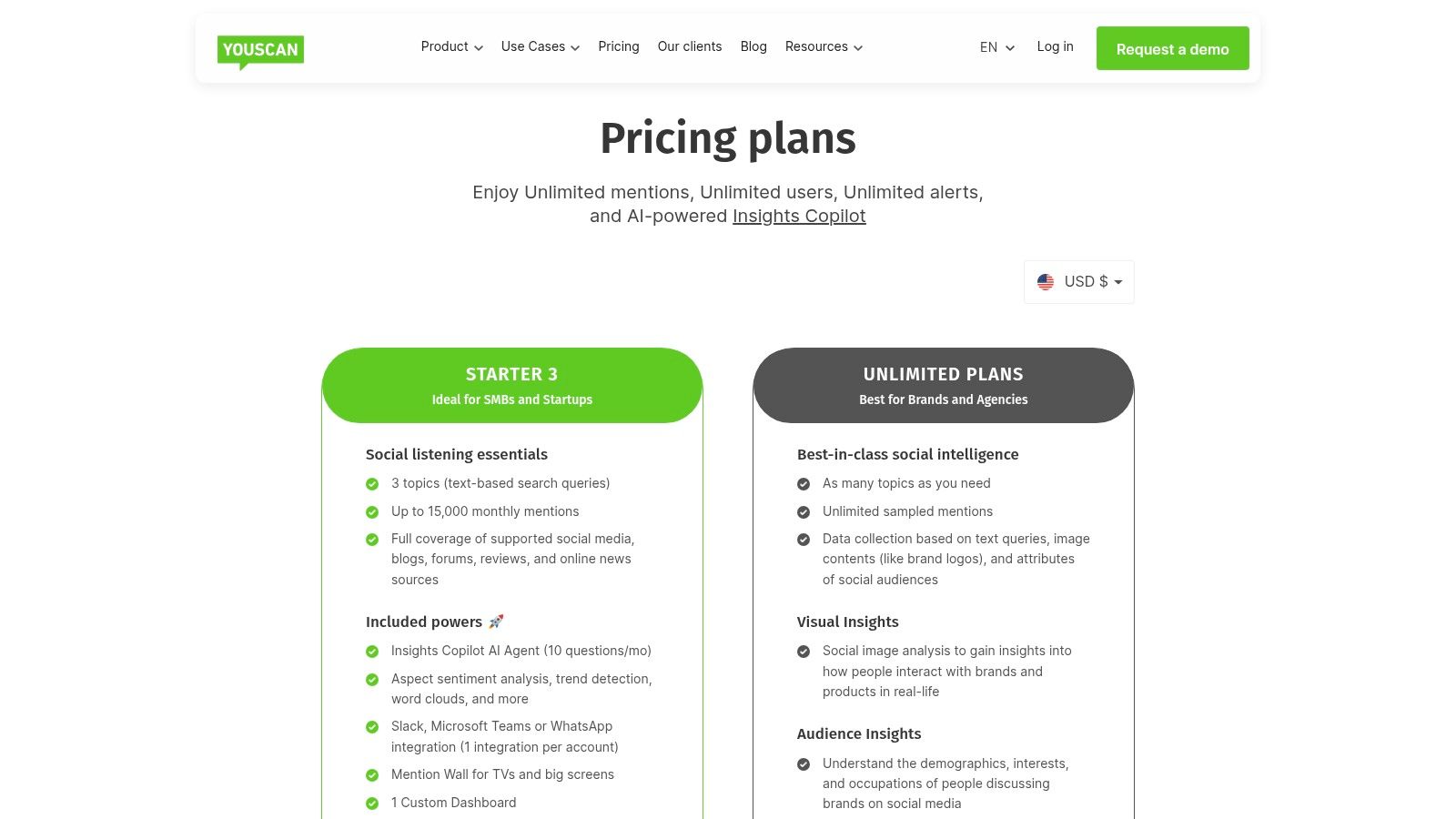 YouScan's pricing plans on their website