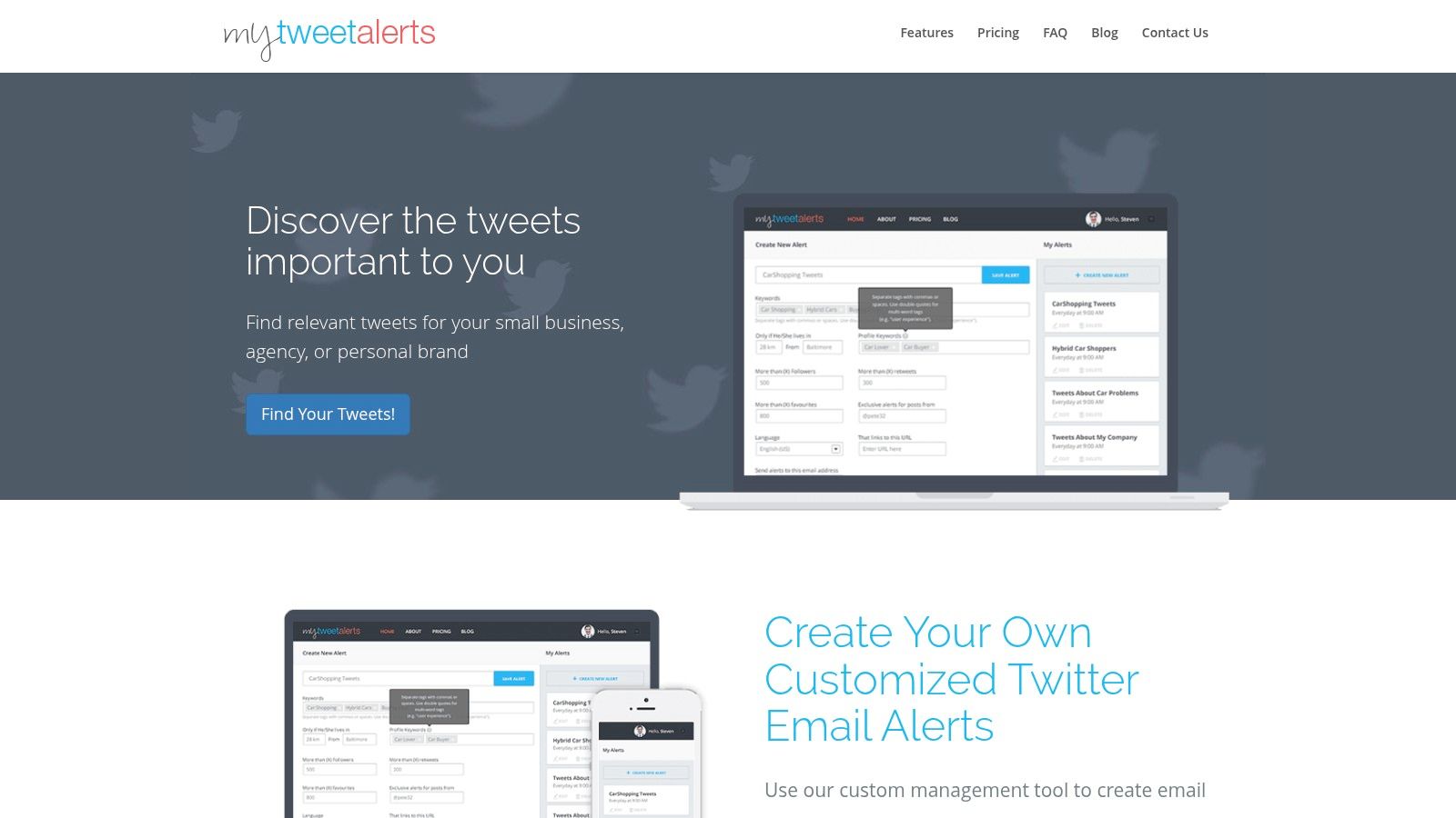 The MyTweetAlerts dashboard showing a list of saved keyword searches and their corresponding alert settings.