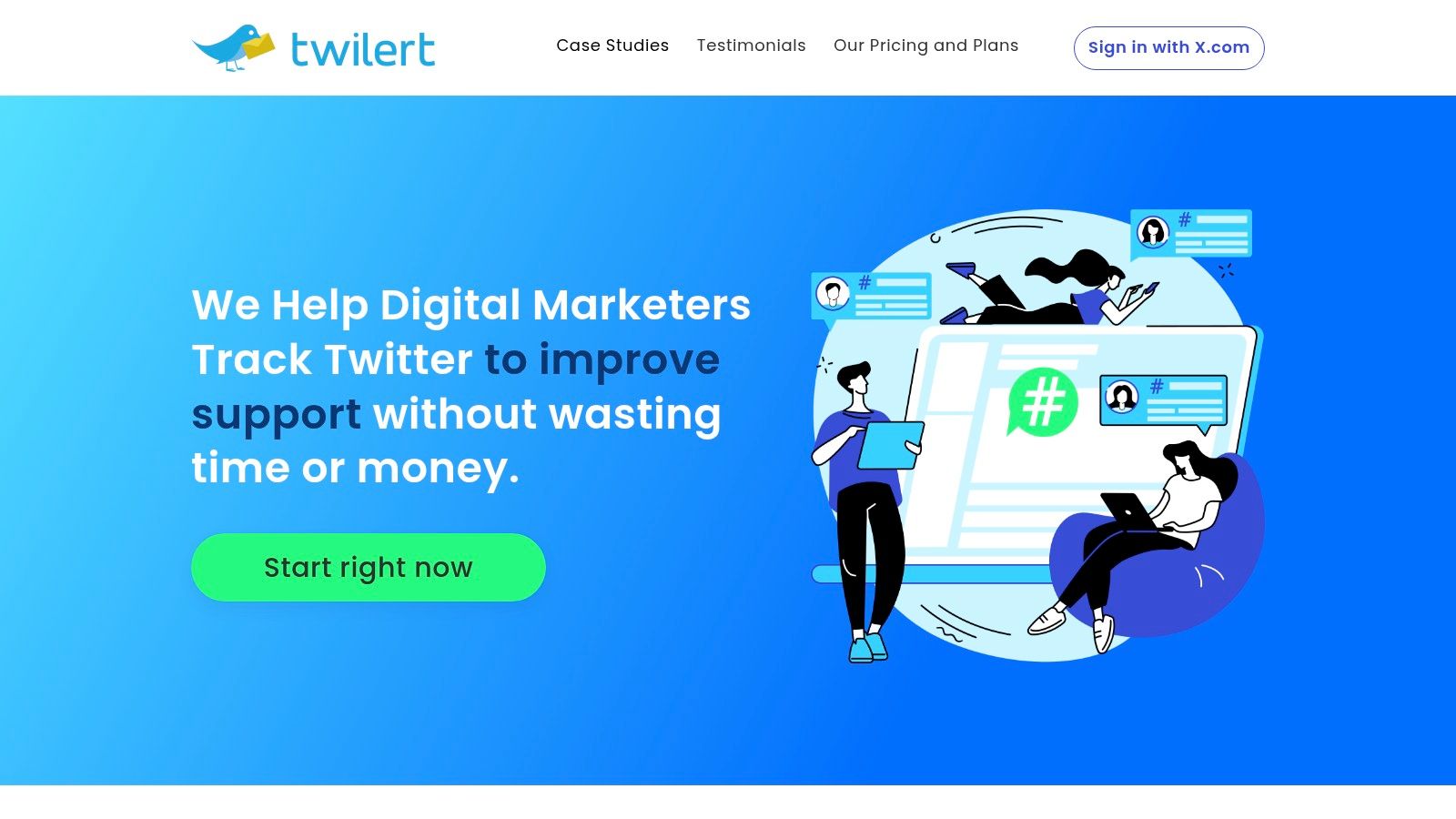 A screenshot of the Twilert dashboard, showing how to create a new Twitter alert with keyword, hashtag, and location filters.