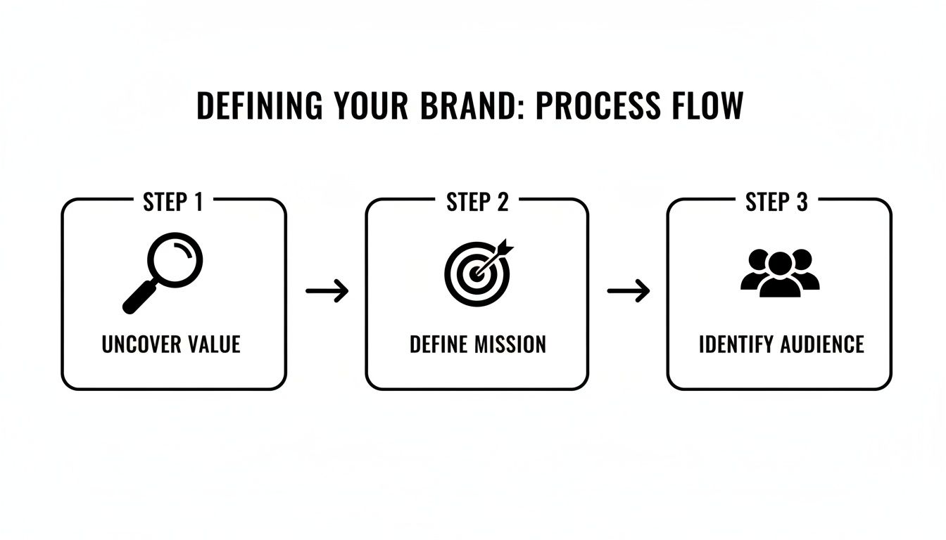 A clear process flow illustrating three steps to define your brand: uncover value, define mission, and identify audience.