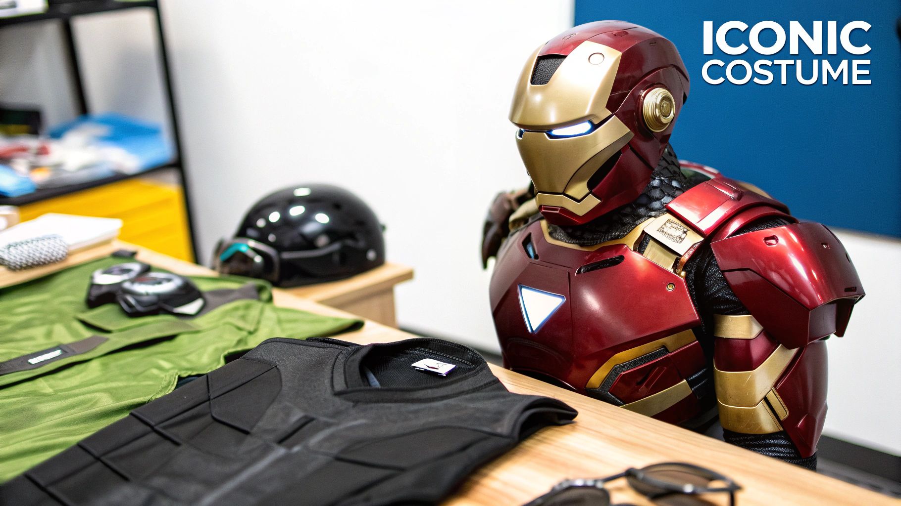 A superhero in a high-tech suit with glowing emblems, showcasing detailed material textures.