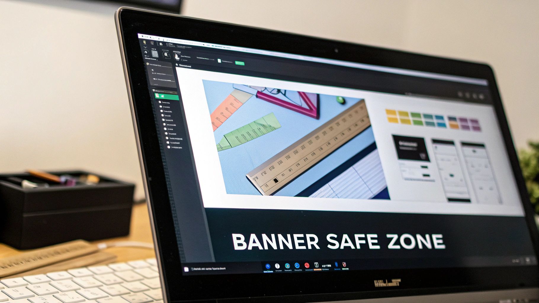 A laptop screen displaying a design presentation titled 'Banner Safe Zone' with rulers and graphics.