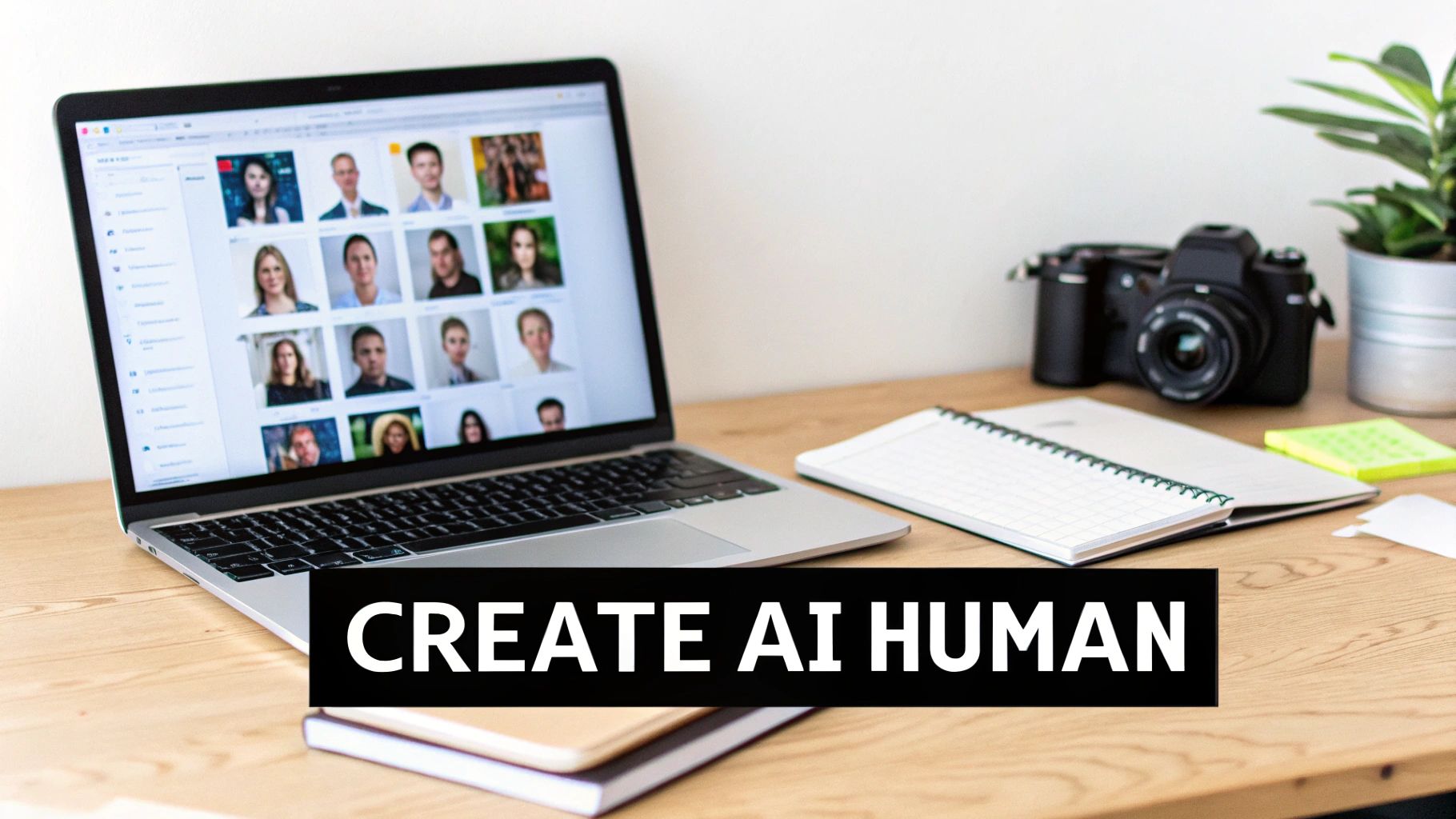 A laptop screen displays numerous AI-generated human faces with the text 'CREATE AI HUMAN'.