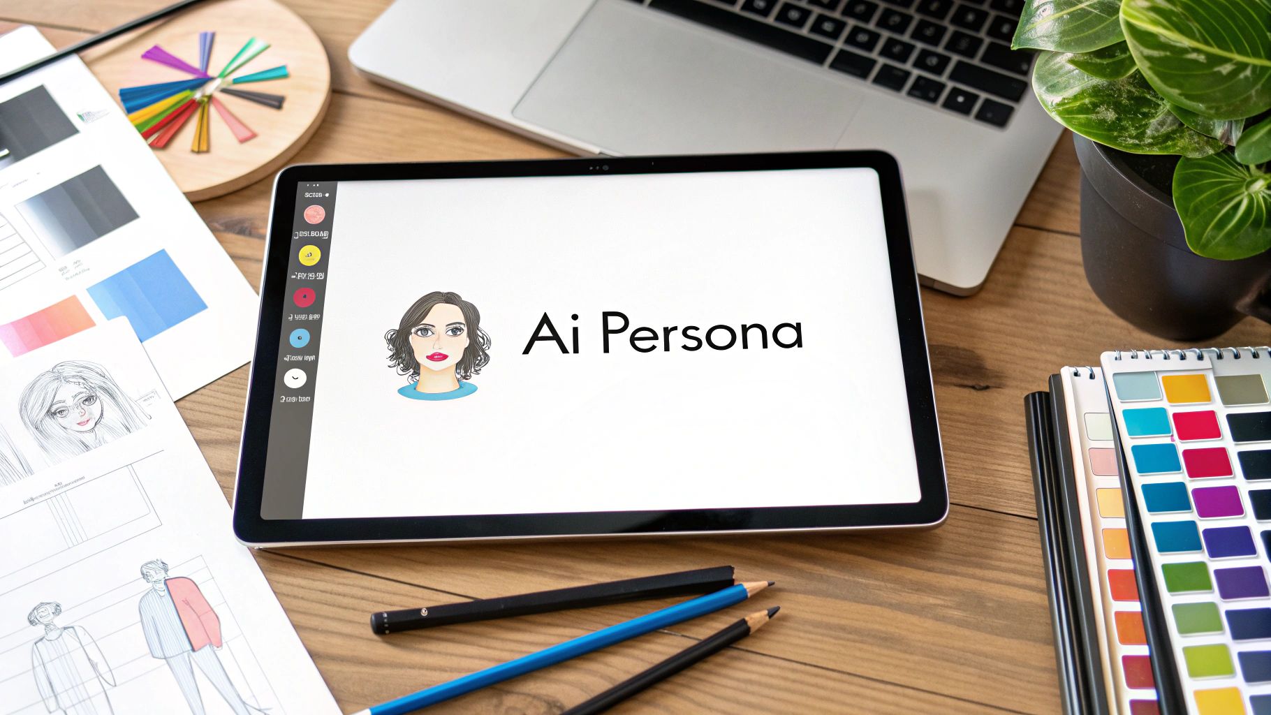 A design workspace with a tablet displaying 'Ai Persona' alongside sketches, color swatches, and a laptop.