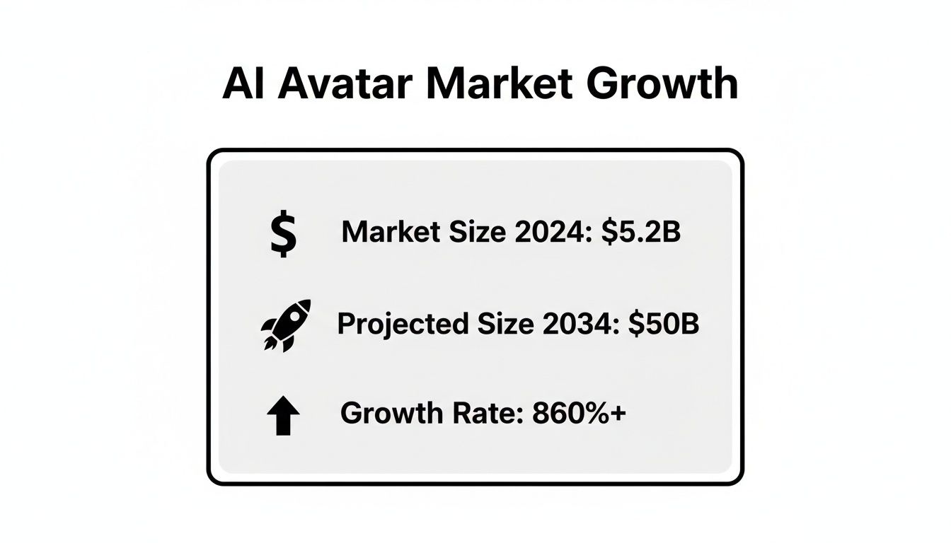 AI avatar market growth statistics displaying current and projected market size and growth rate.
