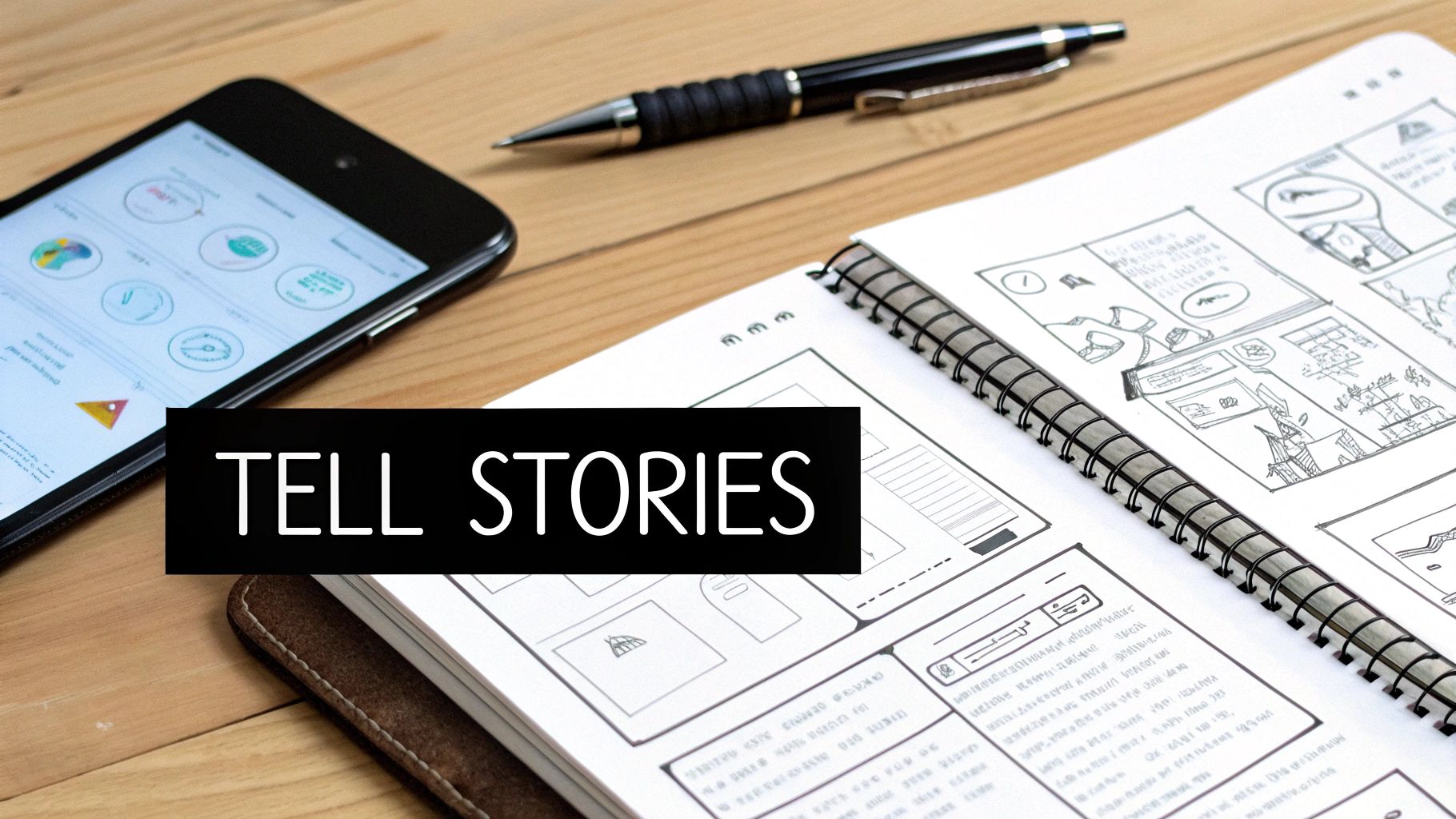 A black overlay with 'Tell Stories' text covers a desk with a smartphone, pen, and notebook.