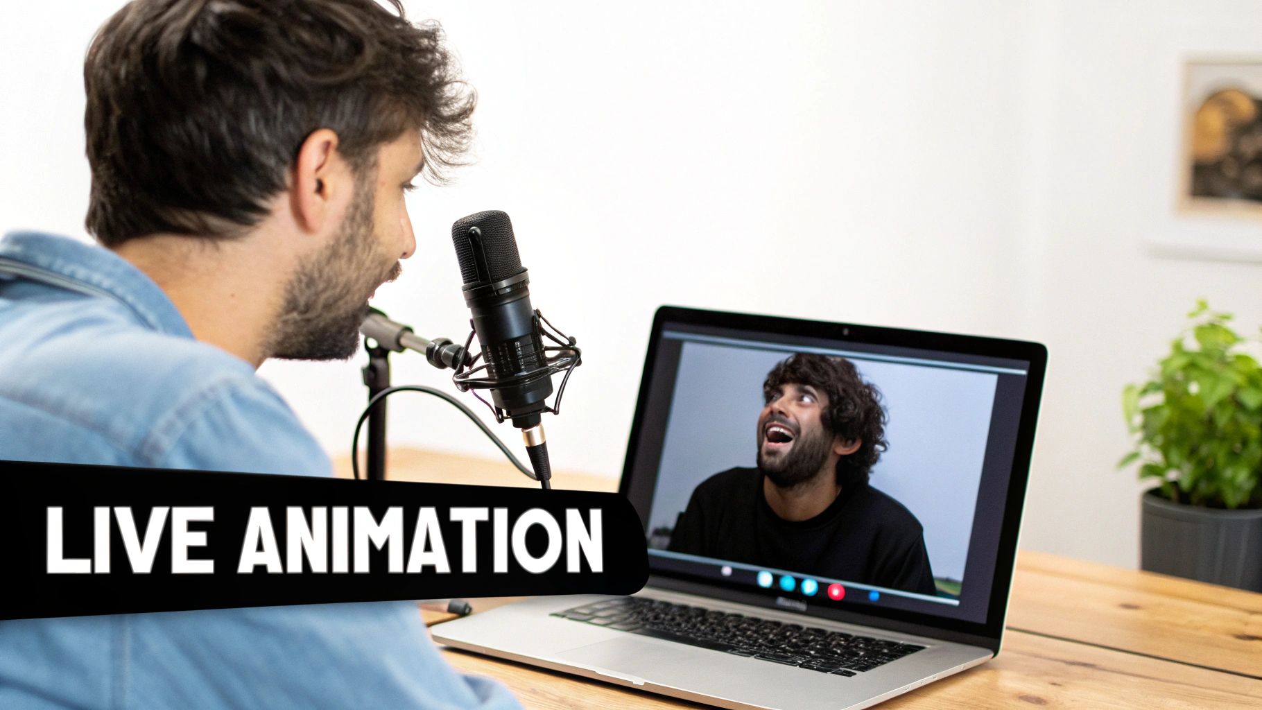 A man speaks into a microphone, looking at a laptop with a video call and 'LIVE ANIMATION' text.