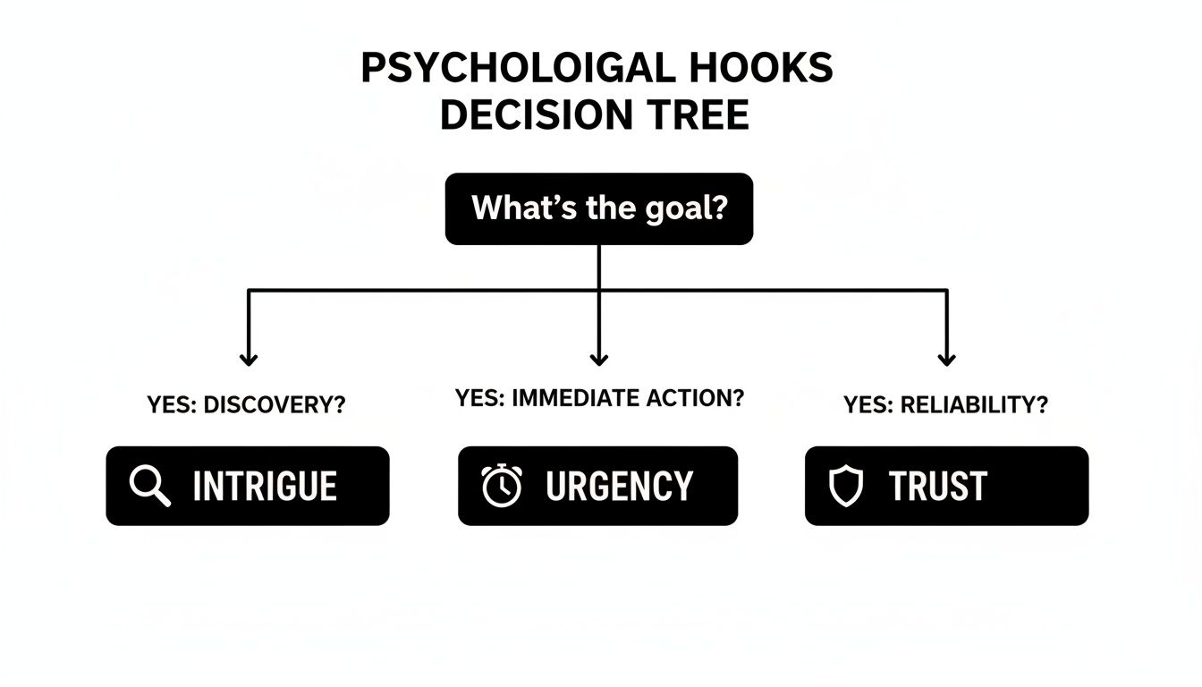 A psychological hooks decision tree flowchart with 'What's the goal?' at the top, leading to Intrigue, Urgency, and Trust.