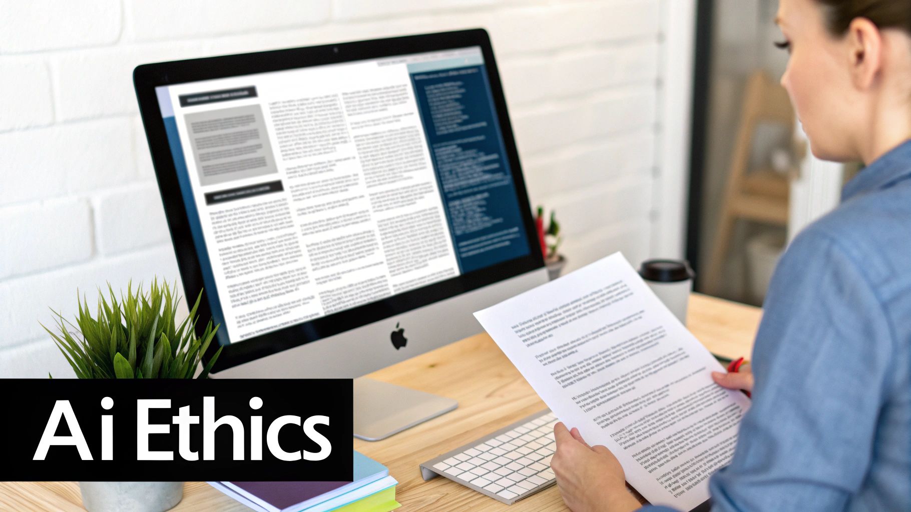 A balanced scale with a paintbrush on one side and a code symbol on the other, representing the balance between creative freedom and ethical responsibility.