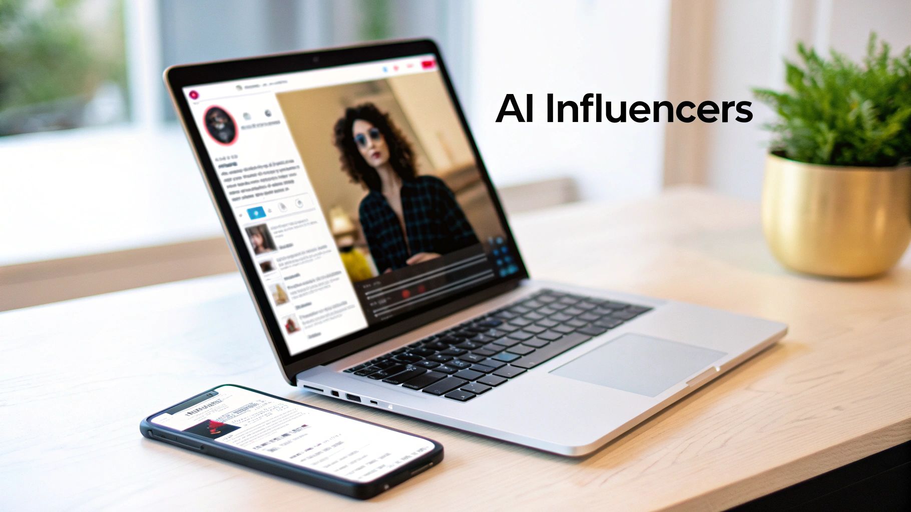 A laptop displaying a video of an AI influencer next to a smartphone and a plant on a desk.