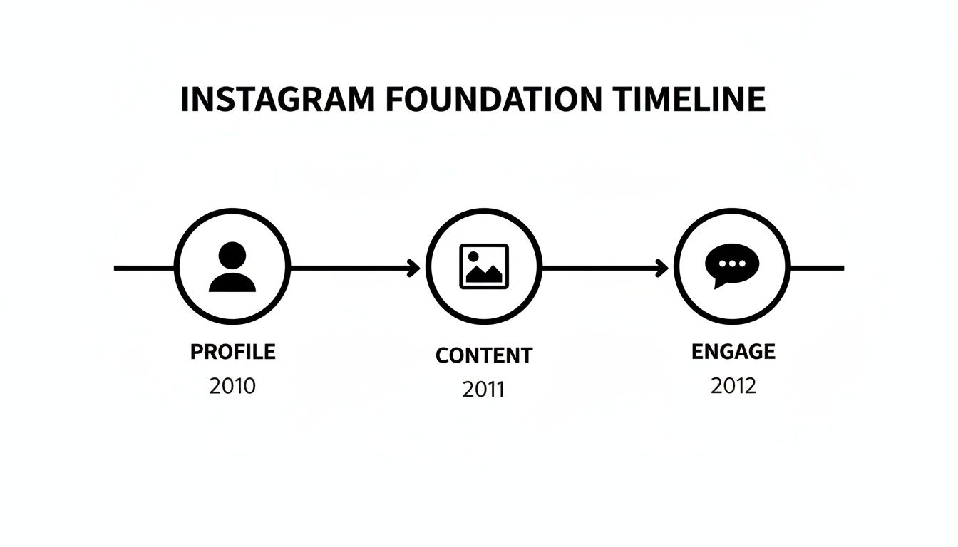 Timeline of Instagram's foundation: Profile (2010), Content (2011), and Engage (2012) stages.