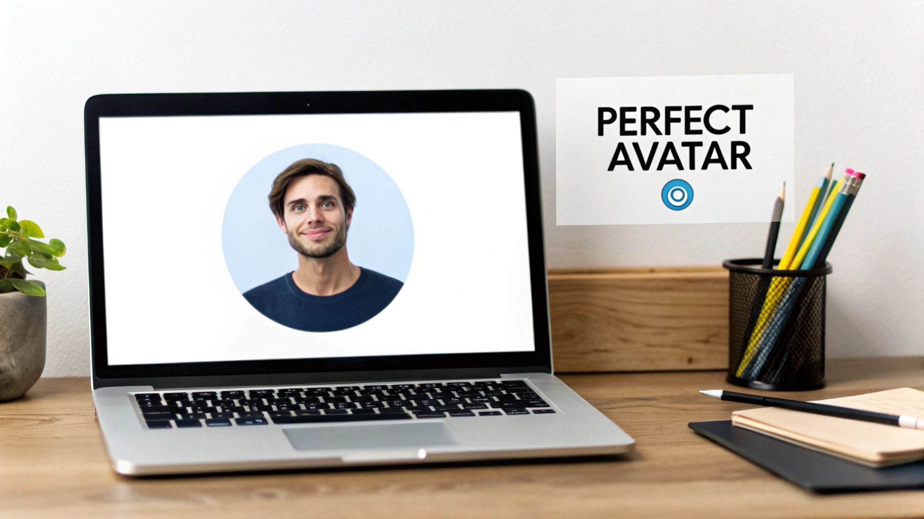 A laptop on a wooden desk displays a smiling man's avatar, next to 'PERFECT AVATAR' text.