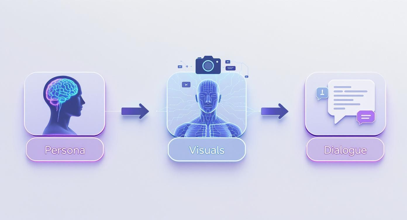 Process diagram for AI creation, from persona definition to visual generation and dialogue capability.