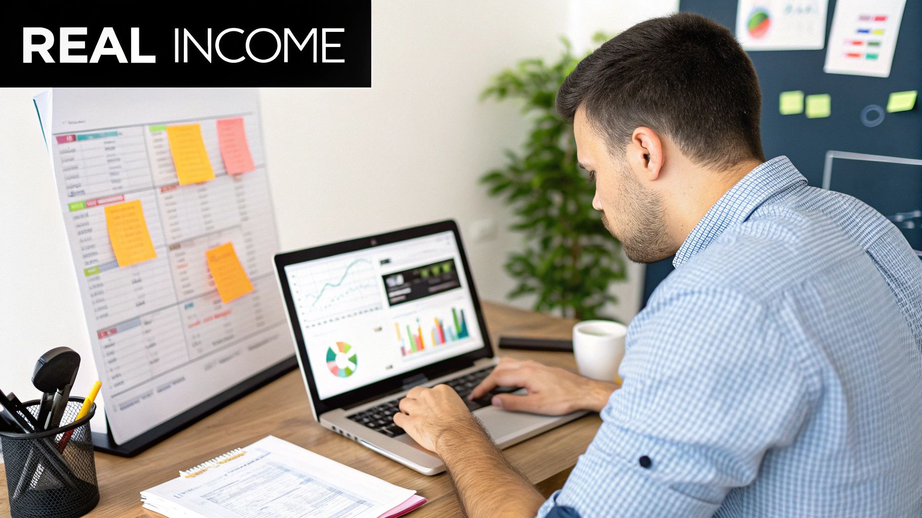 A person working on a laptop surrounded by social media icons, symbolizing the influencer economy.