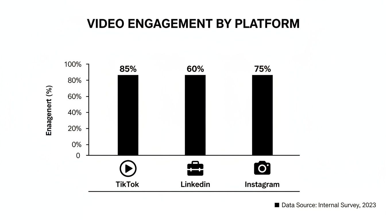Bar chart showing video engagement percentages: TikTok (85%), LinkedIn (60%), and Instagram (75%).