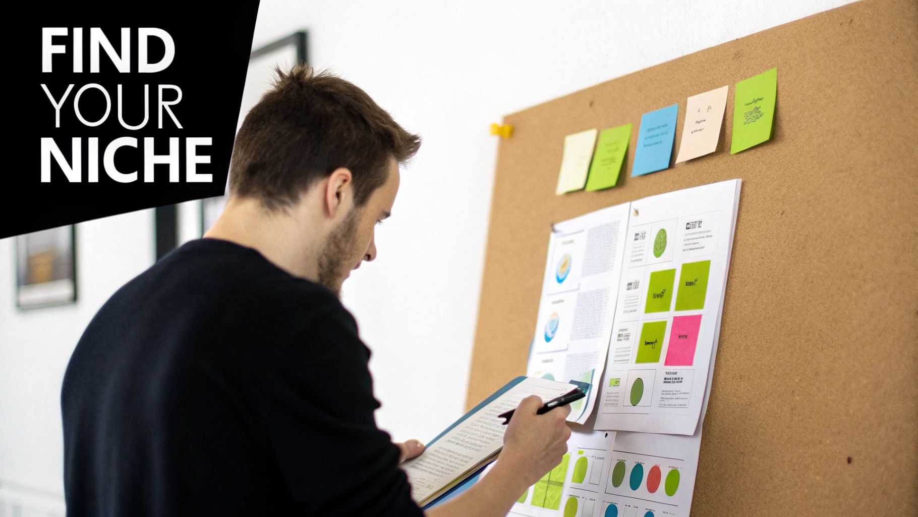 A focused man analyzes charts and sticky notes on a cork board, holding a clipboard and pen.