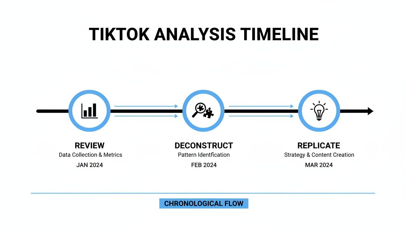 A TikTok analysis timeline showing review, deconstruct, and replicate stages from January to March 2024.