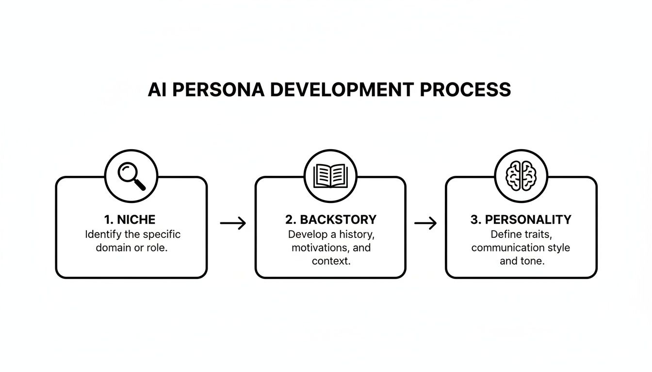 A three-step diagram outlining the AI persona development process: Niche, Backstory, and Personality.