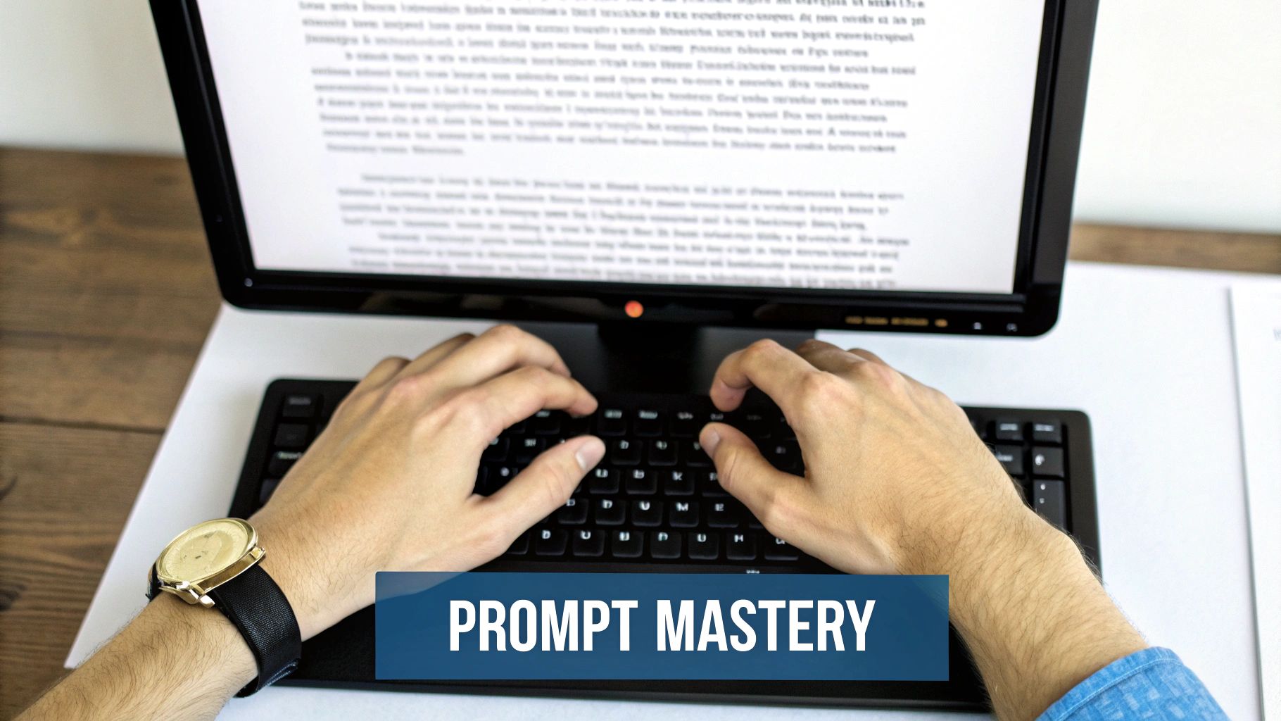 Person typing on a black keyboard in front of a computer monitor displaying text, wearing a gold watch.