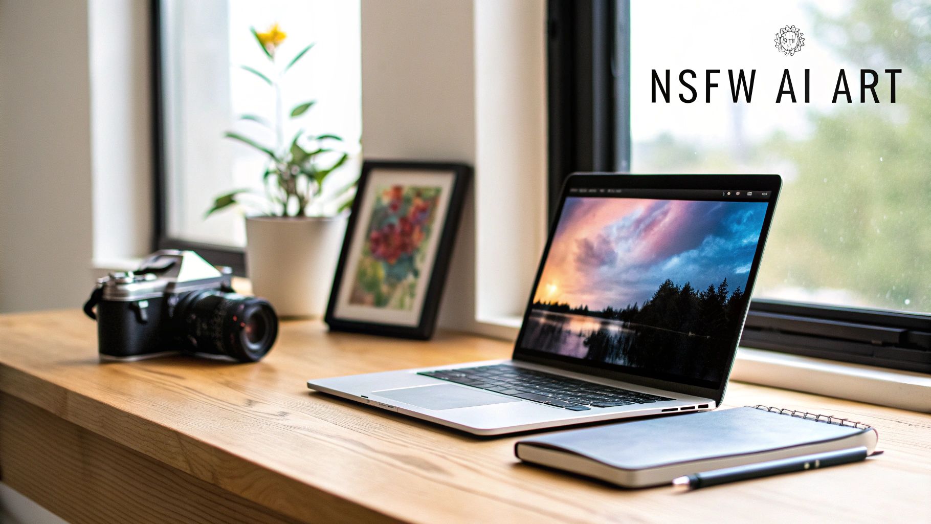 A minimalist workspace featuring a laptop, vintage camera, plant, and notebook on a wooden desk.
