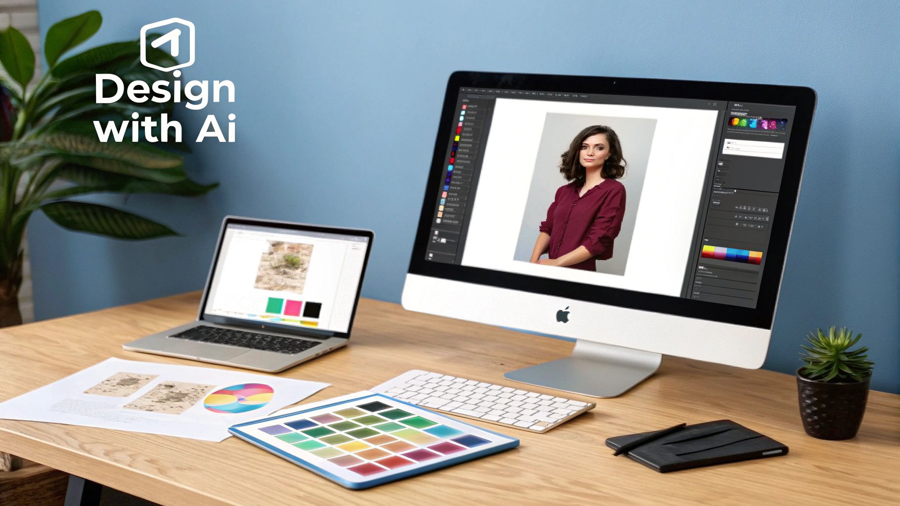 A clean design workspace with an iMac, MacBook, design tablet, and documents for creative work.
