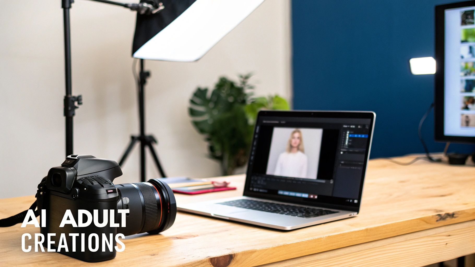 A professional photography studio setup with a DSLR camera, laptop, and studio lights.