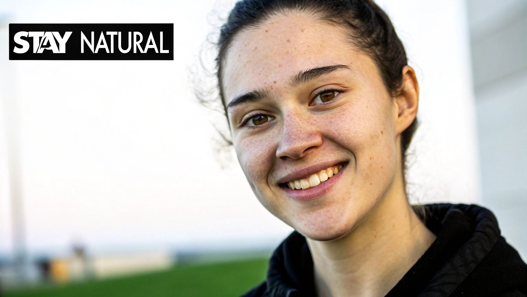 A happy young woman with freckles and brown eyes smiling naturally at the camera.