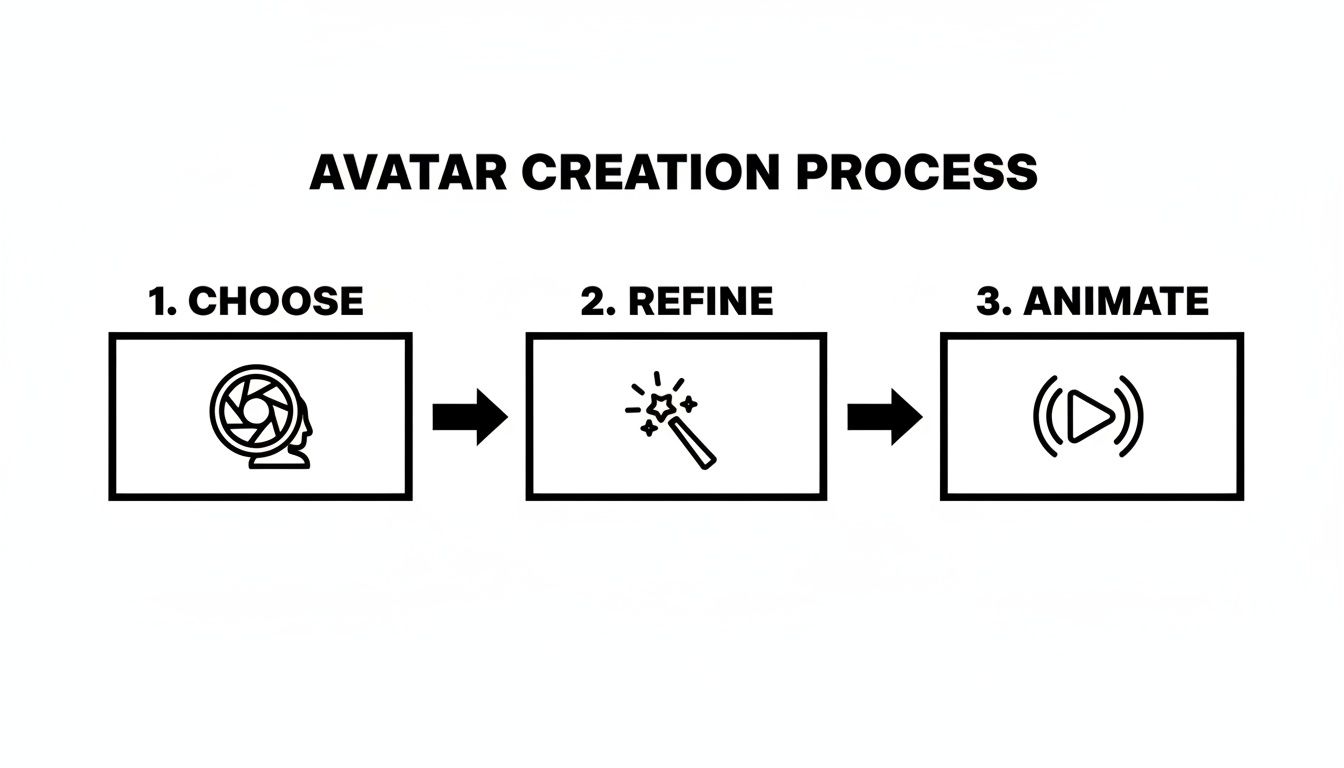 Three-step avatar creation process diagram: Choose, Refine, and Animate, with illustrative icons.