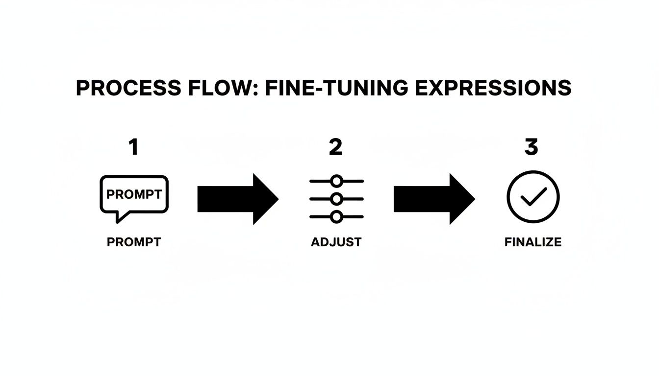 A three-step process flow diagram illustrating fine-tuning expressions: prompt, adjust, then finalize.